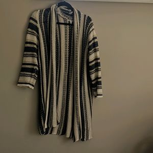 Long knit cardigan, blue, tan and cream